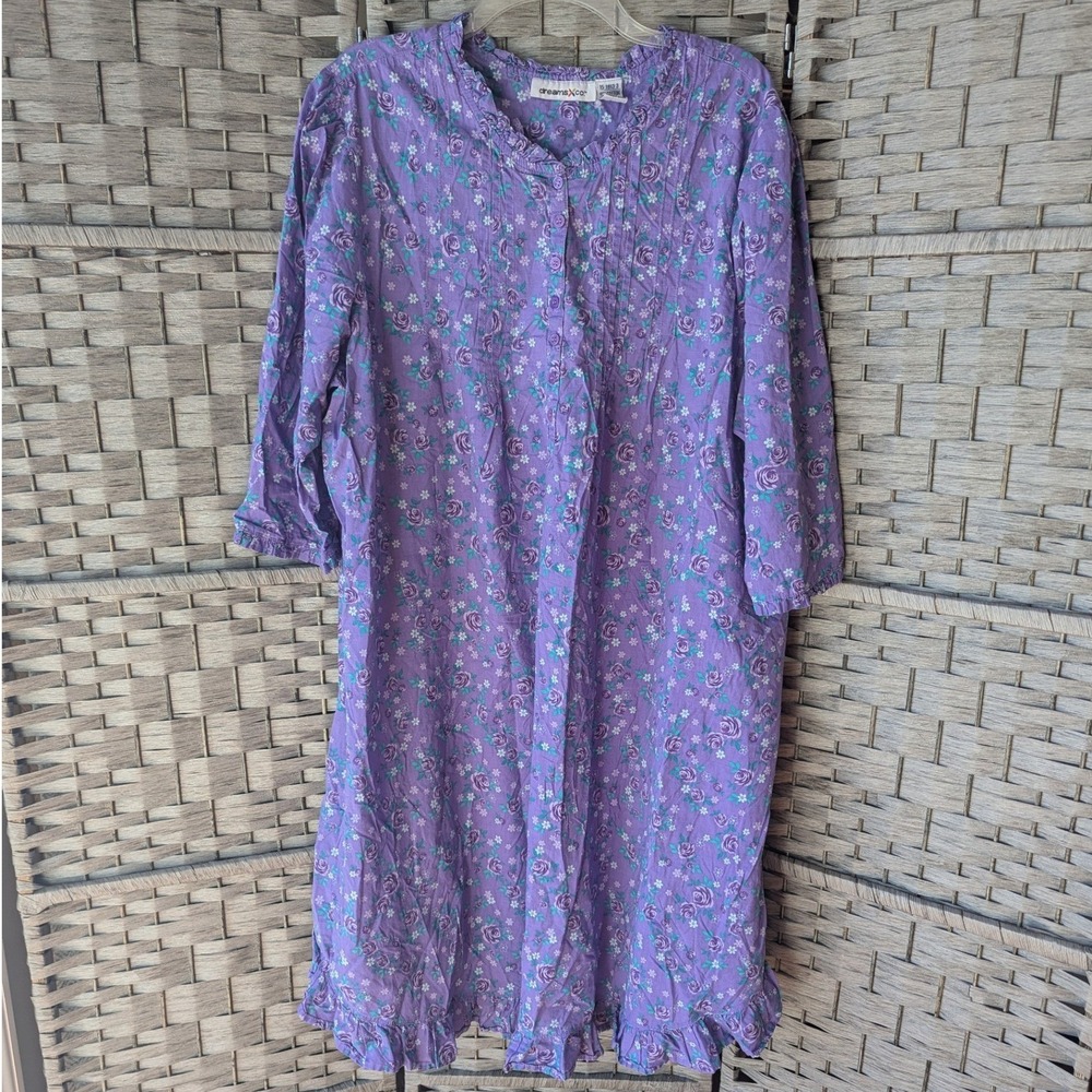 Vtg‎ Purple Floral Cotton House Dress Sz 2X Ruffle Pintuck Cottagecore Nightgown